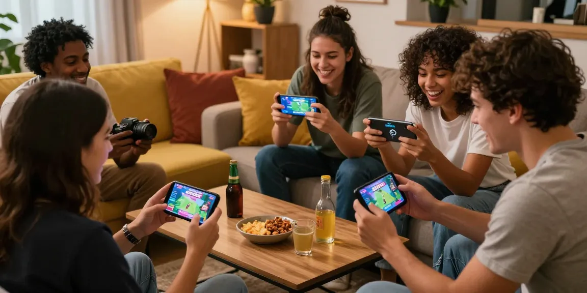 Friends enjoying Esportes da Sorte Paraguay together on mobile phones, showcasing laughter and gaming excitement.