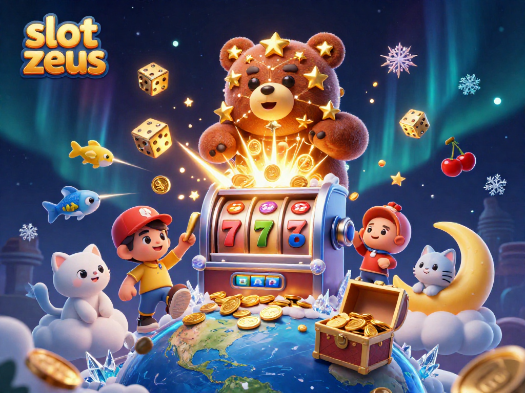 Win big with slot zeus, a 3D slot machine explosion showering coins and symbols in a cosmic scene.