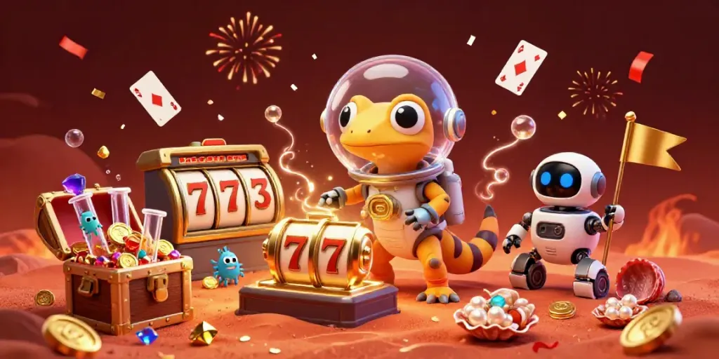 Engage with slot gacor action featuring a 3D Martian gecko and casino treasures in vibrant celebration.