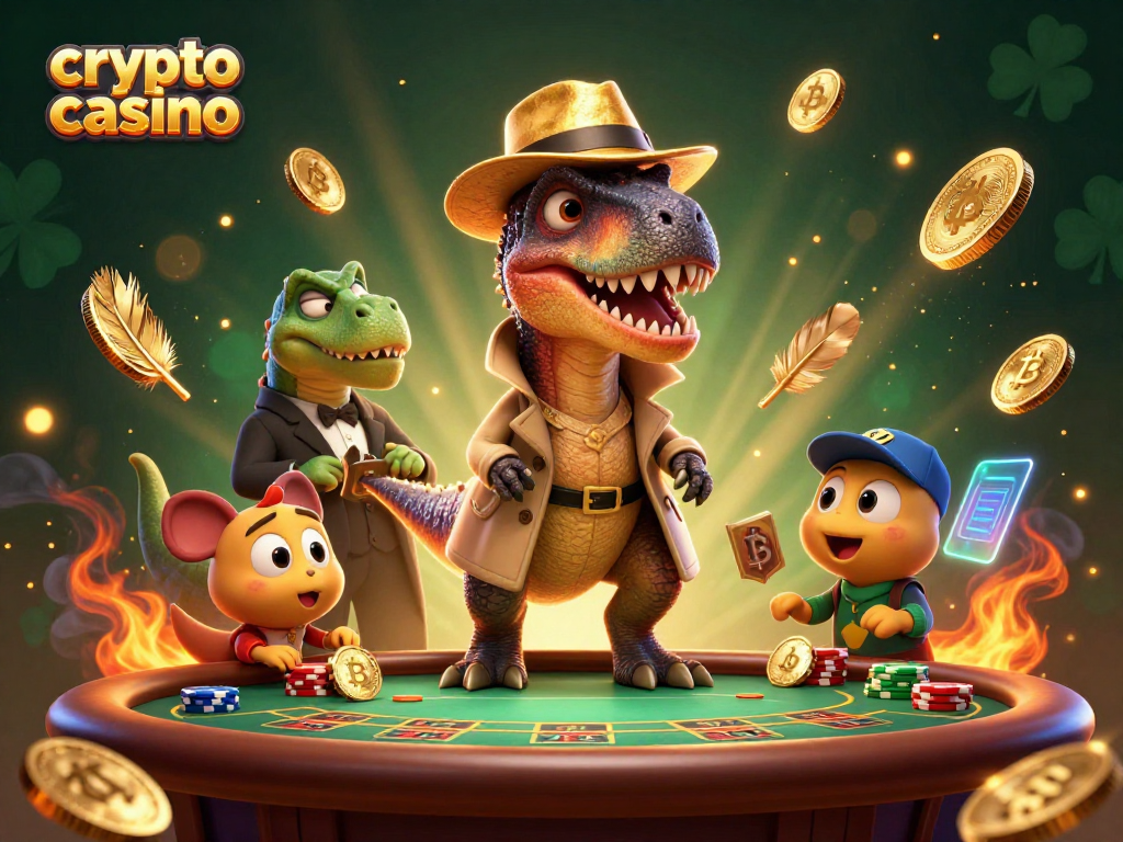 Engage with a dynamic crypto casino scene featuring a velociraptor at a blackjack table with coins.