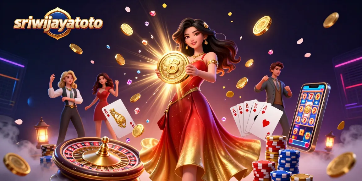 Sriwijayatoto showcases a mesmerizing casino scene featuring a glamorous woman with a golden coin, surrounded by dynamic gaming elements.