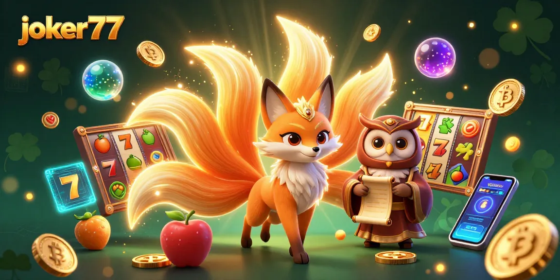 Engage with joker77's colorful slot gaming world featuring lively spirit characters and vibrant coins.