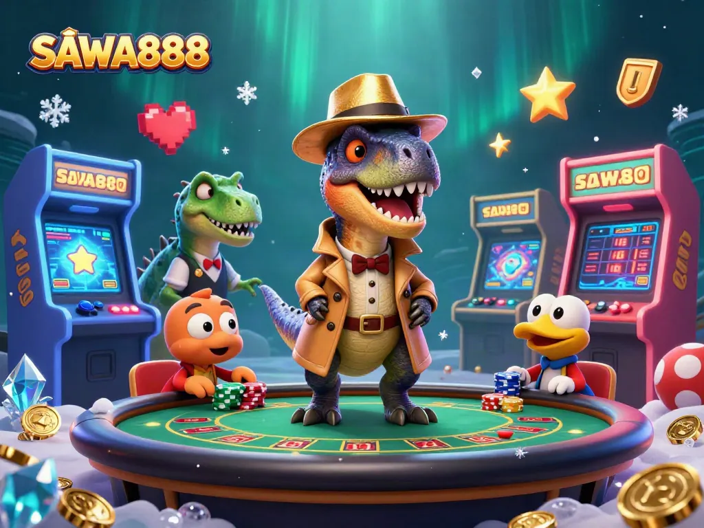 SAWA888 velociraptor card counter at a blackjack table surrounded by vibrant casino elements.
