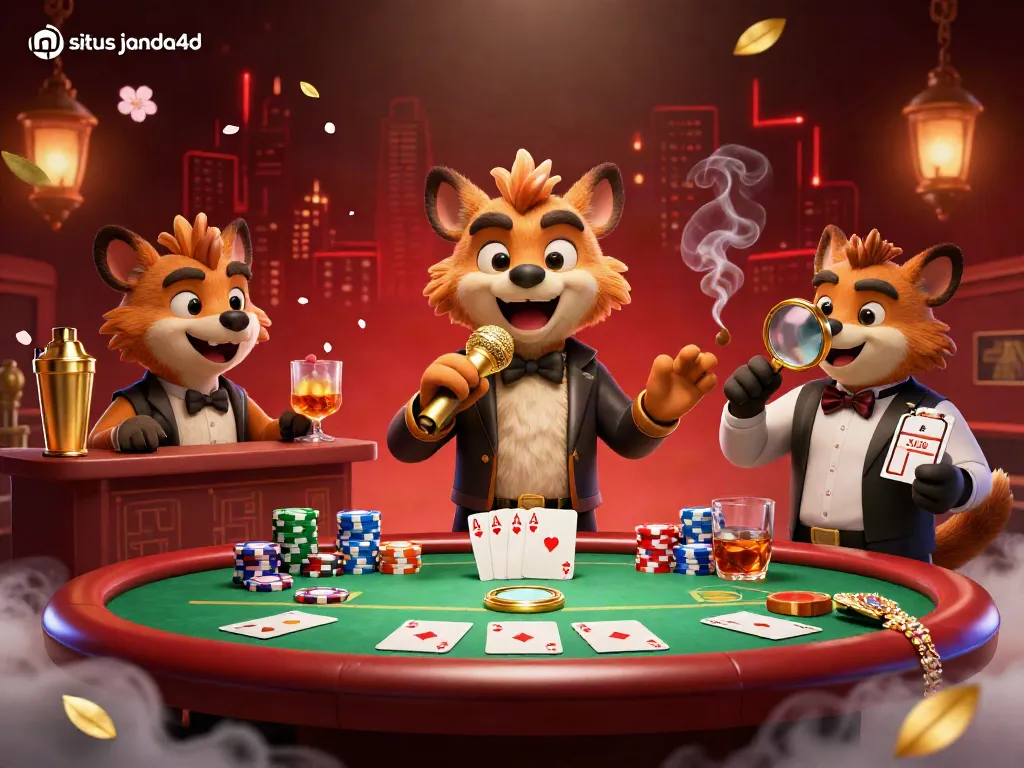 Hyena beraksi dalam klub kasino komedi di situs janda4d, menampilkan suasana meriah dengan permainan kartu dan chip.