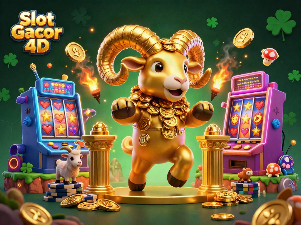 Mainkan Slot Gacor 4D dengan rams emas dan mesin slot penuh warna dalam suasana kasino yang meriah.