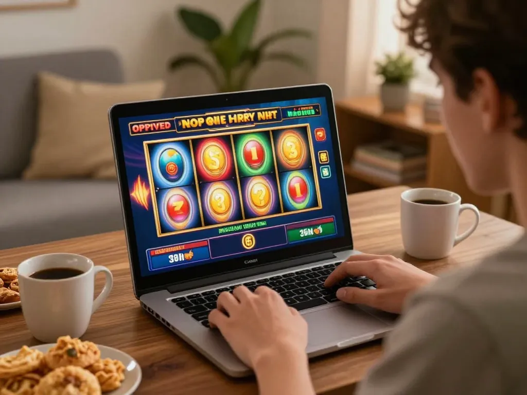 Engaged player spinning colorful reels in situs slot gaming on their laptop at home.