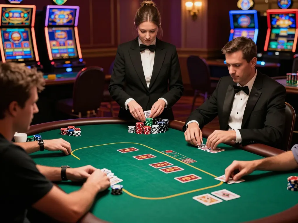 Hitclub players engaged in a thrilling poker game with vibrant chips and expert dealer.