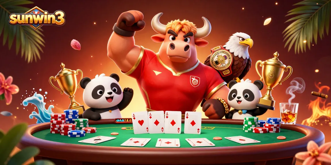 Experience the thrill with sunwin3, featuring a bull mascot, eagle, and panda celebrating at a poker table.
