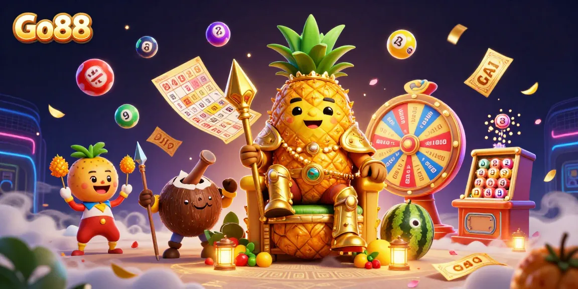Go88's vibrant casino scene brings excitement with the golden pineapple king ruling amidst lottery fun.