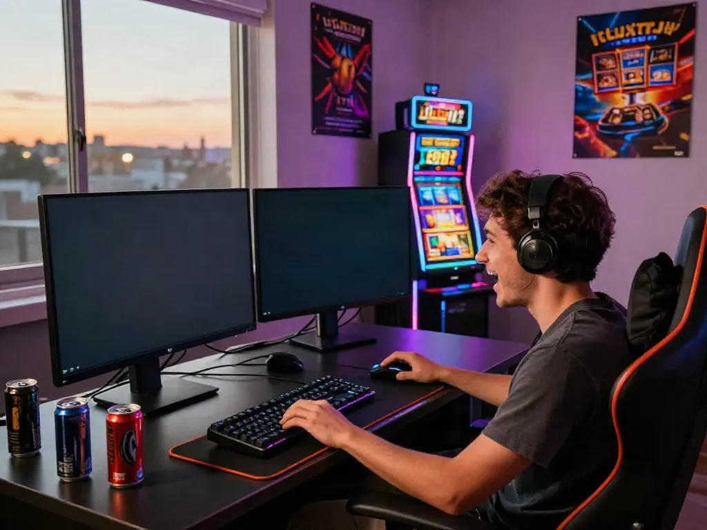 Gamer enjoying akunjp online gaming experience in a stylish gaming room.