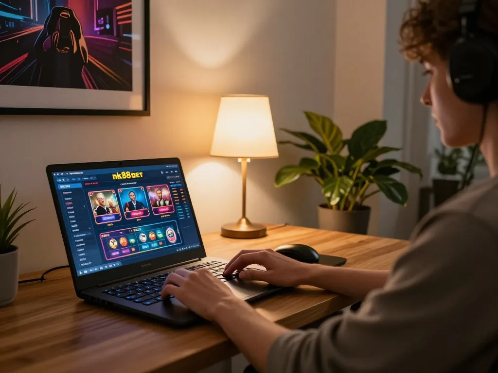 A person engaging in nk88 bet at a modern home office setup, showcasing online gaming experience.