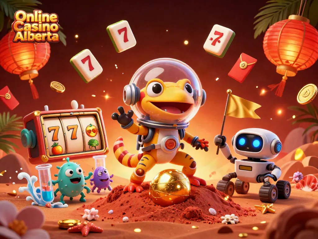 Experience fun at an Online Casino Alberta with a Martian gecko and vibrant gambling symbols.