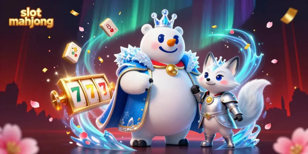 Experience the excitement of slot mahjong games with this vibrant digital art showcasing a polar bear king and snow fox amidst mahjong tiles.
