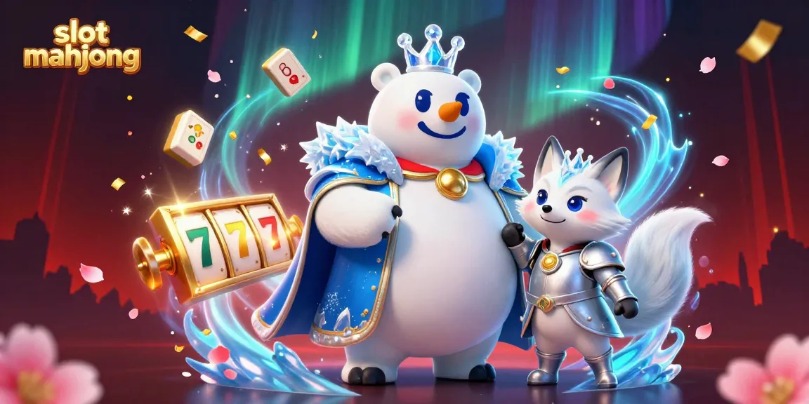 Experience the excitement of slot mahjong games with this vibrant digital art showcasing a polar bear king and snow fox amidst mahjong tiles.