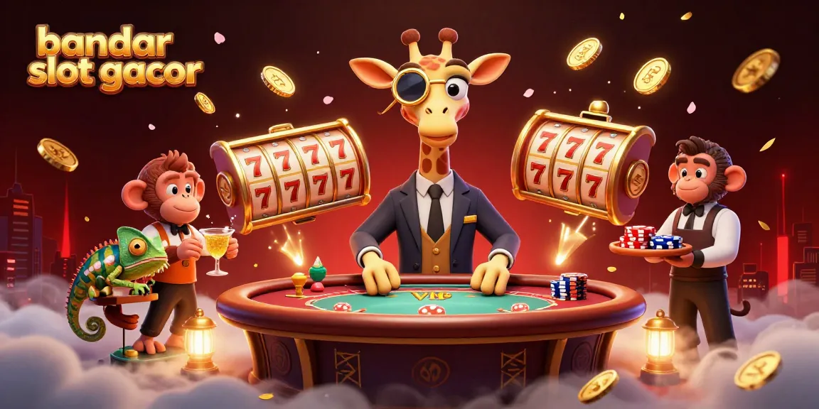 Experience excitement with bandar slot gacor in a vibrant casino scene featuring a giraffe, monkey, and chameleon.