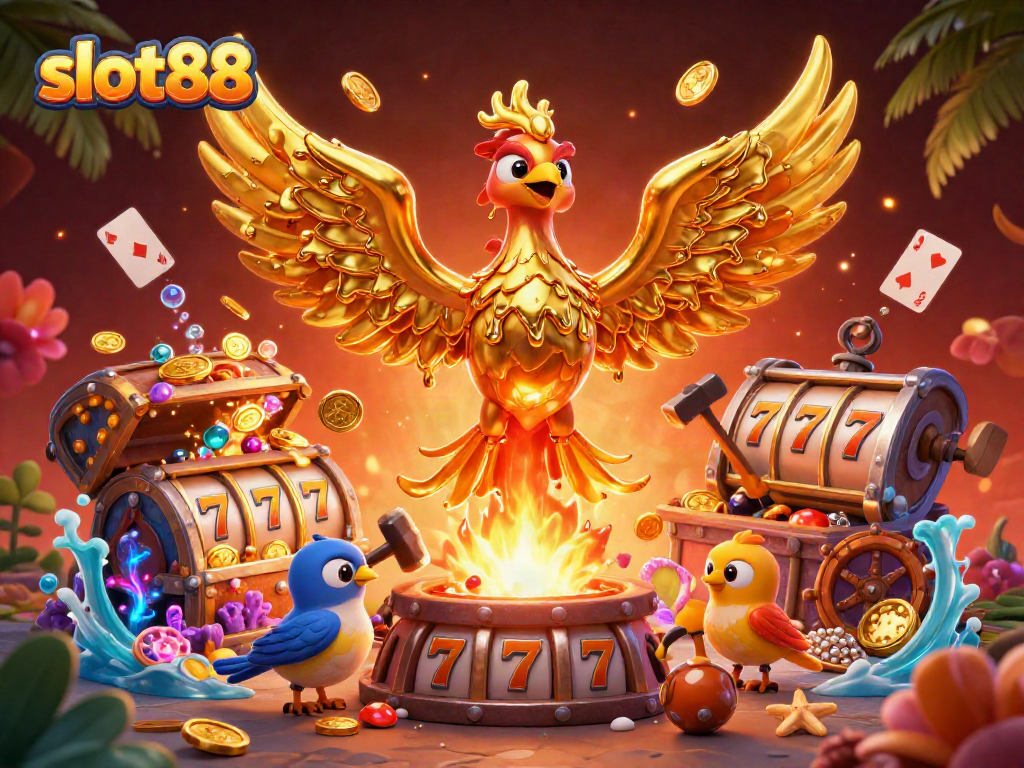 Spin and win big with slot88’s golden phoenix and vibrant casino elements in this rich, colorful scene.
