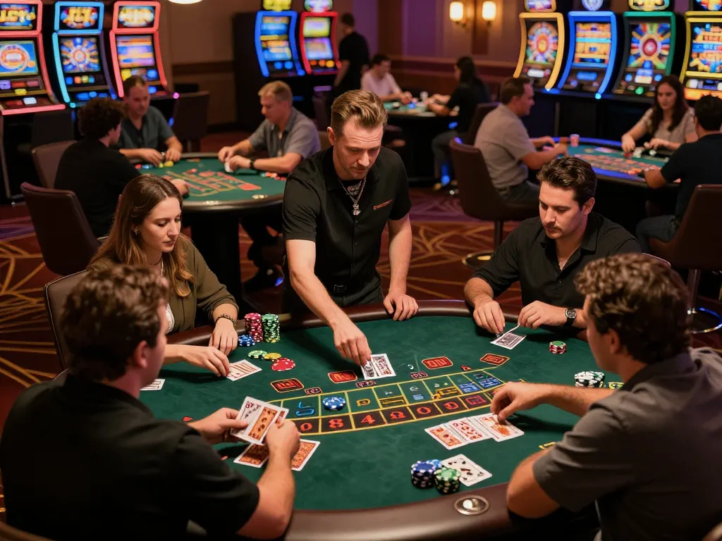 Luckywin players engaging in intense blackjack gameplay on a vibrant casino floor, highlighting action and atmosphere.