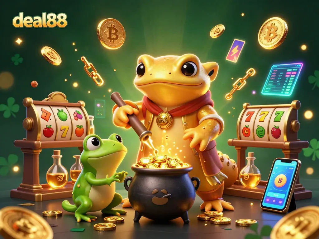 Spin to win with deal88 at this vibrant online casino illustration featuring golden coins and gaming elements.