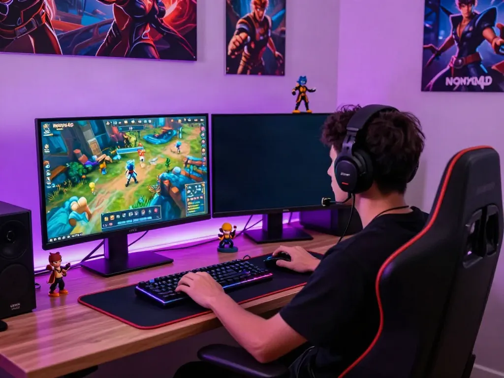 Gamer serius bermain nyonya4d dalam setup gaming modern, menampilkan monitor besar dan dekorasi menarik.