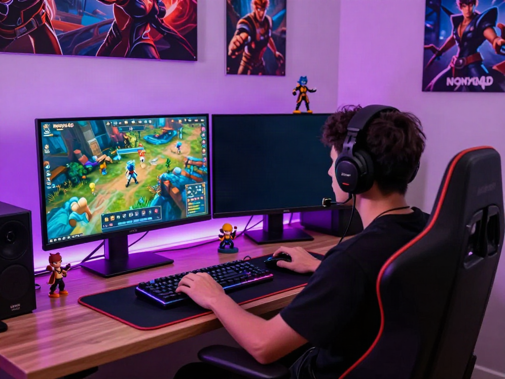 Gamer serius bermain nyonya4d dalam setup gaming modern, menampilkan monitor besar dan dekorasi menarik.