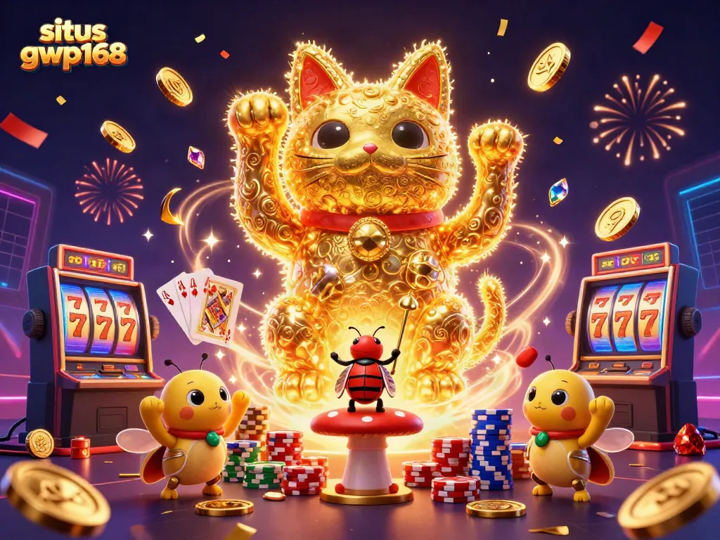 Situs gwp168 menghadirkan ilustrasi 3D kucing keberuntungan dikelilingi oleh simbol kasino.