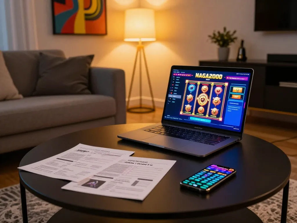 NAGA2000 SLOT online gaming setup with laptop showcasing colorful graphics and warm ambiance