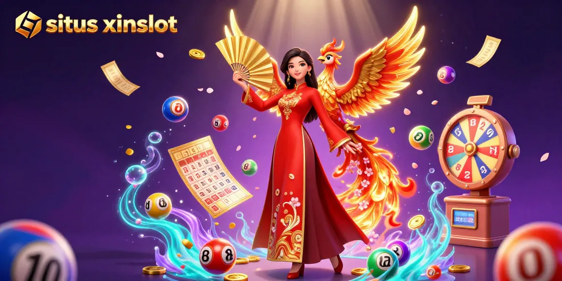 Experience the excitement at situs xinslot with colorful lottery balls and golden prizes in a vibrant casino scene.