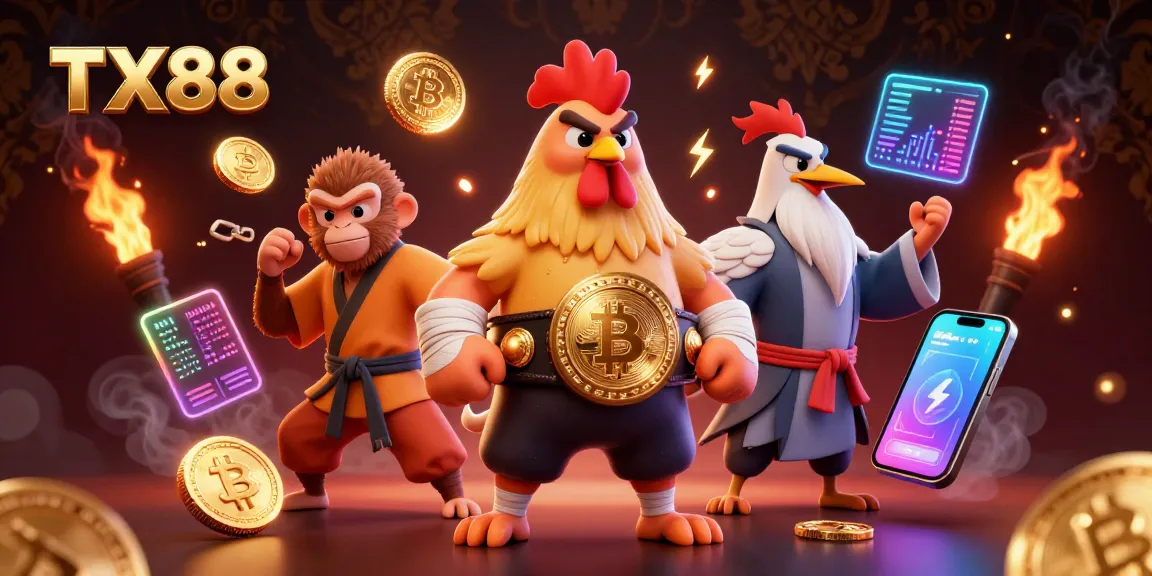 Engage with TX88 for thrilling casino gaming, featuring dynamic characters in a vibrant crypto scene.