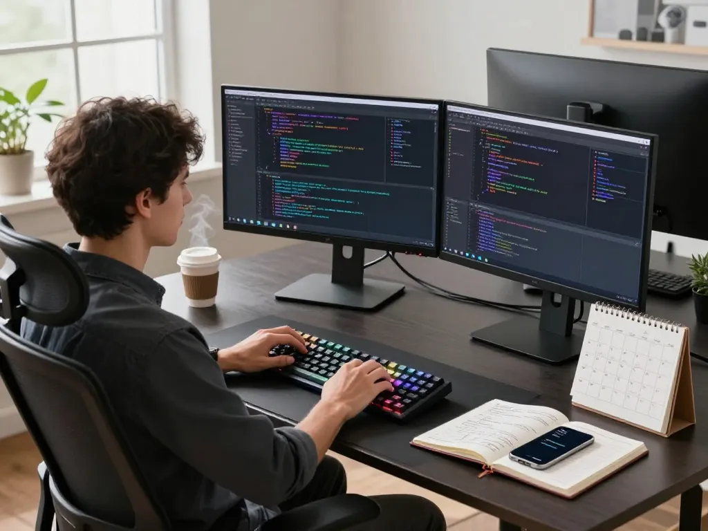 Developer coding with OpenClaw on monitors in a modern workspace.
