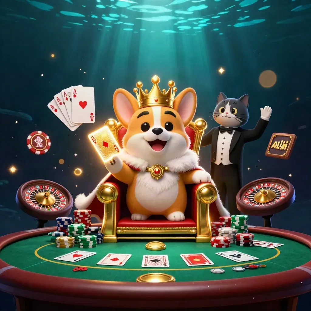 Royal corgi and cat butler amid chips, aces, roulette wheel, and glowing casino lights.