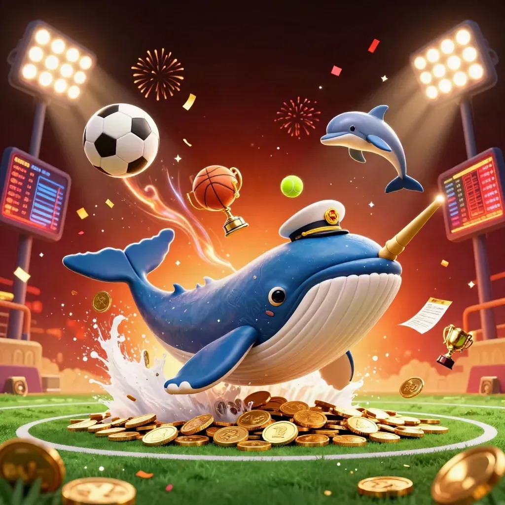 Whale captain, narwhal, dolphins, coins, sports balls, trophy, and casino lights in a dramatic splash scene.