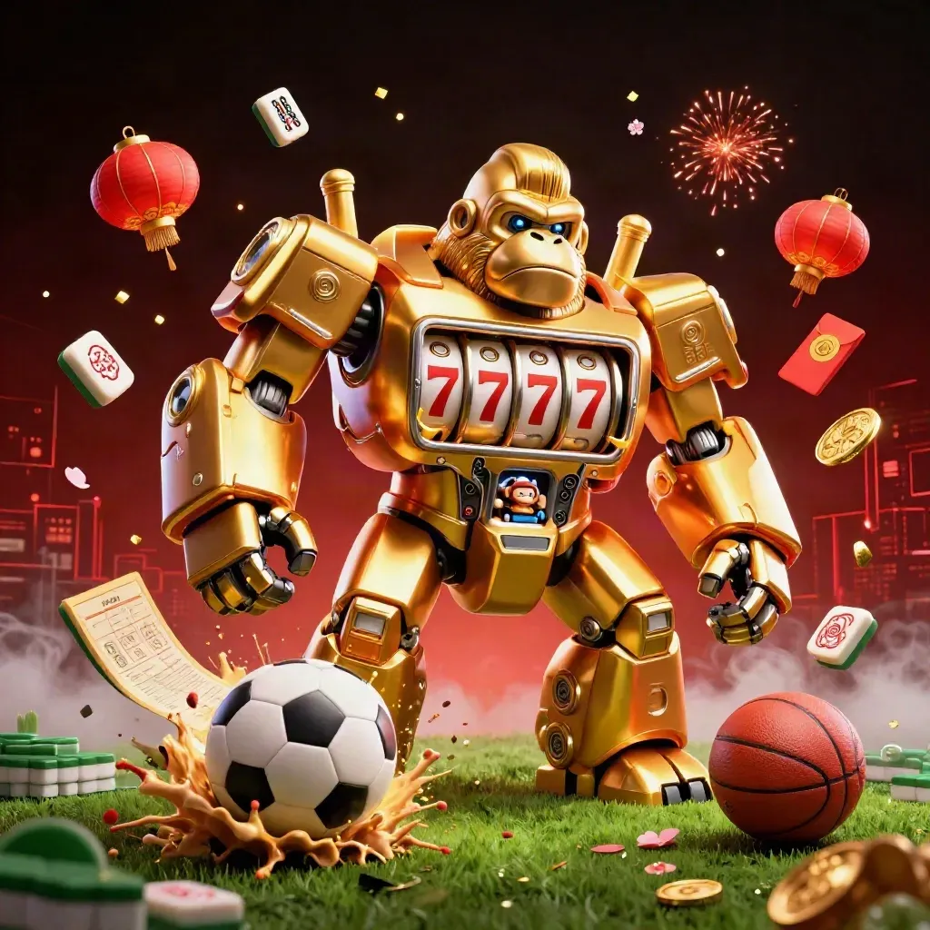 Golden gorilla mech with tiny monkey pilot amid flying sports gear, coins, lanterns and neon casino lights