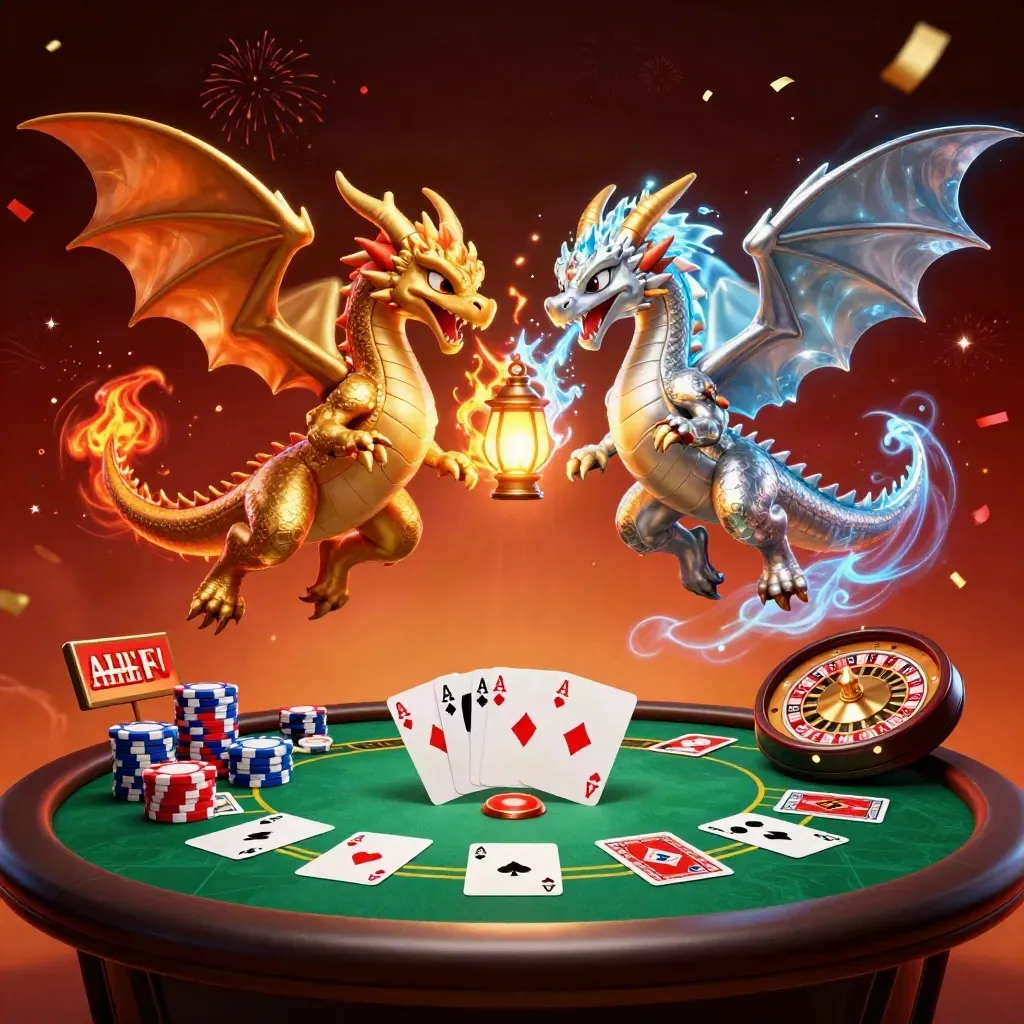 Twin gold and silver dragons swirl around a neon casino table with a tiny lantern spirit.