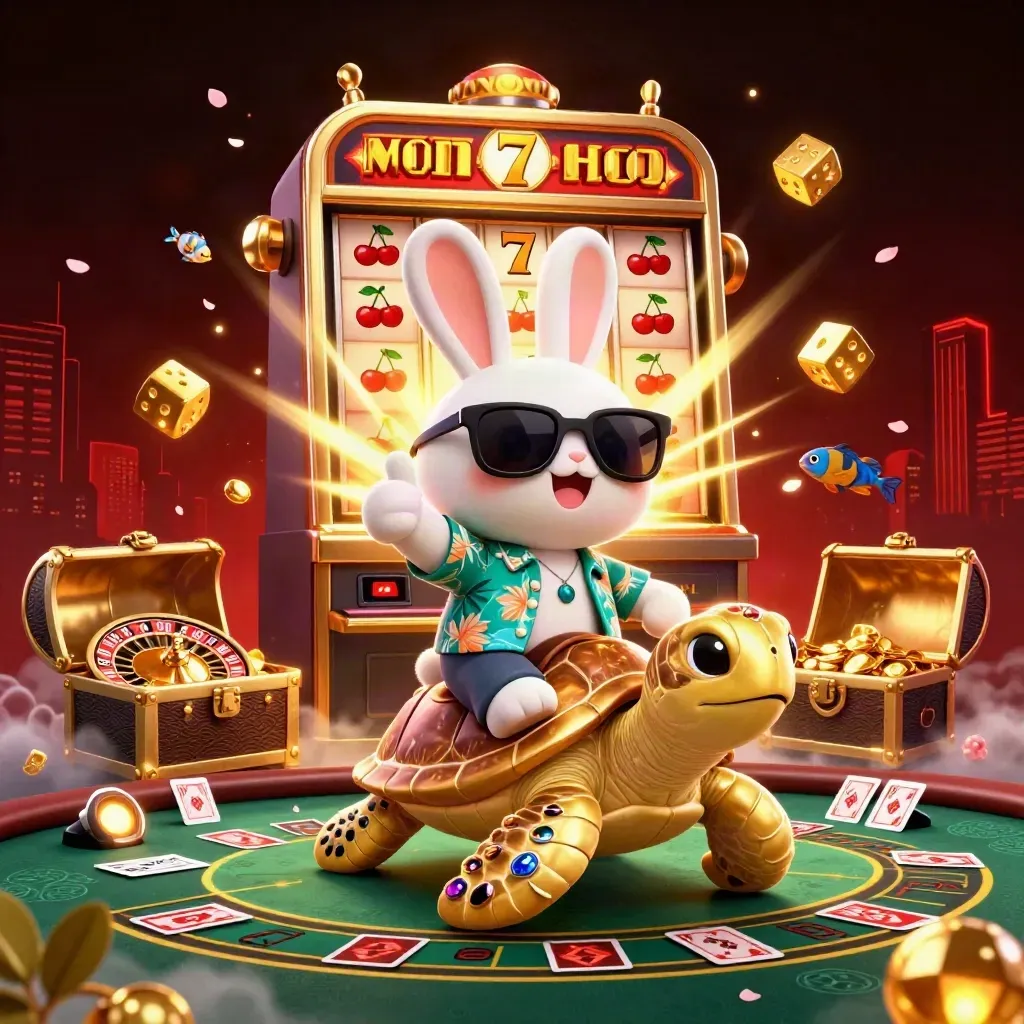 Lucky rabbit on a golden sea turtle with slot machine, roulette wheel, and casino glow.