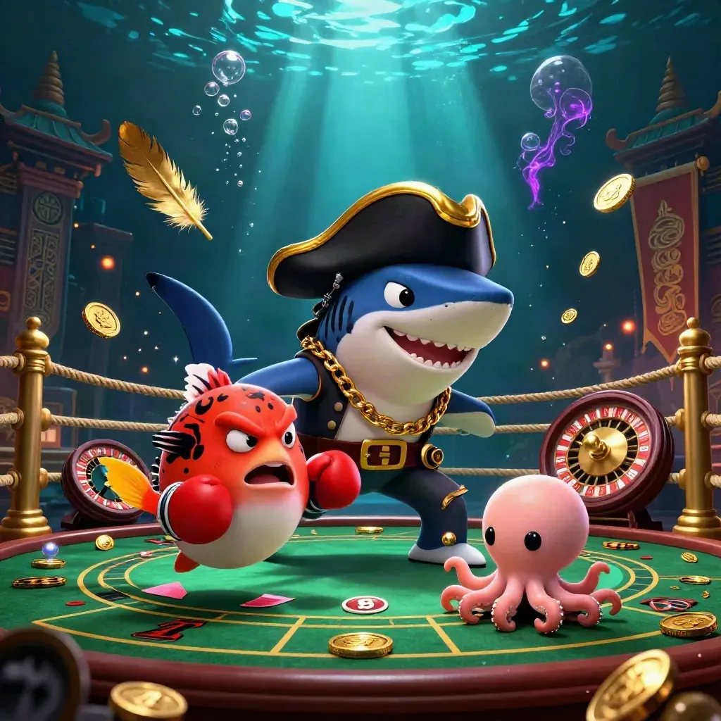 Pirate shark, pufferfish, and octopus in a glowing underwater casino temple scene.