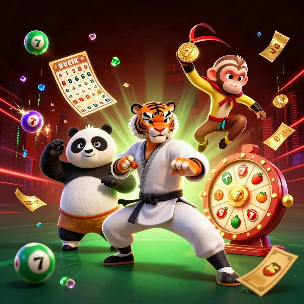 Kung-fu tiger, panda, and monkey amid casino props, neon streaks, and flying cards.
