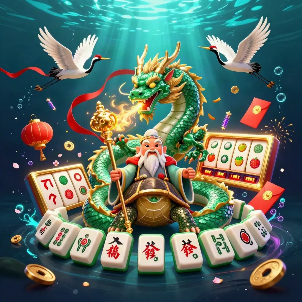Jade dragon, turtle sage, and cranes amid casino treasures underwater