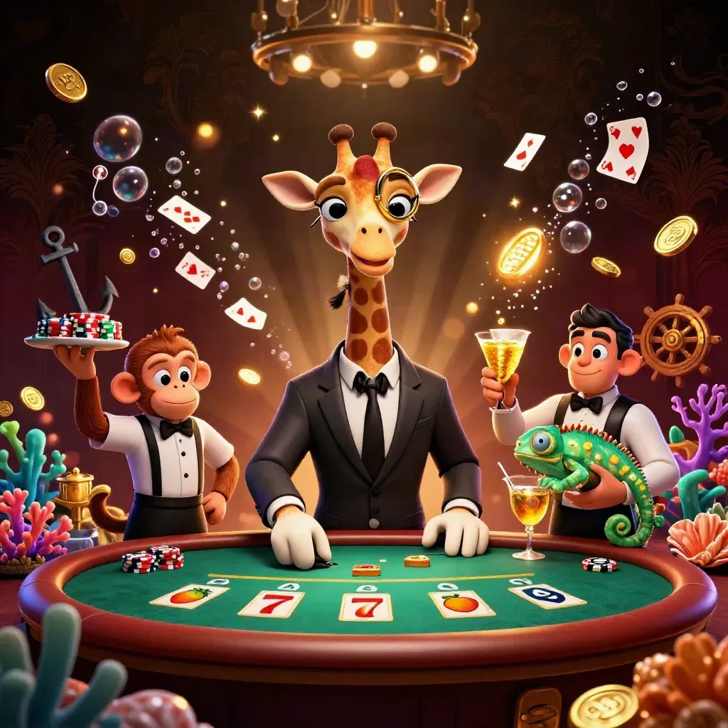 High-roller giraffe, monkey valet, and chameleon bartender amid casino treasure and glowing cards