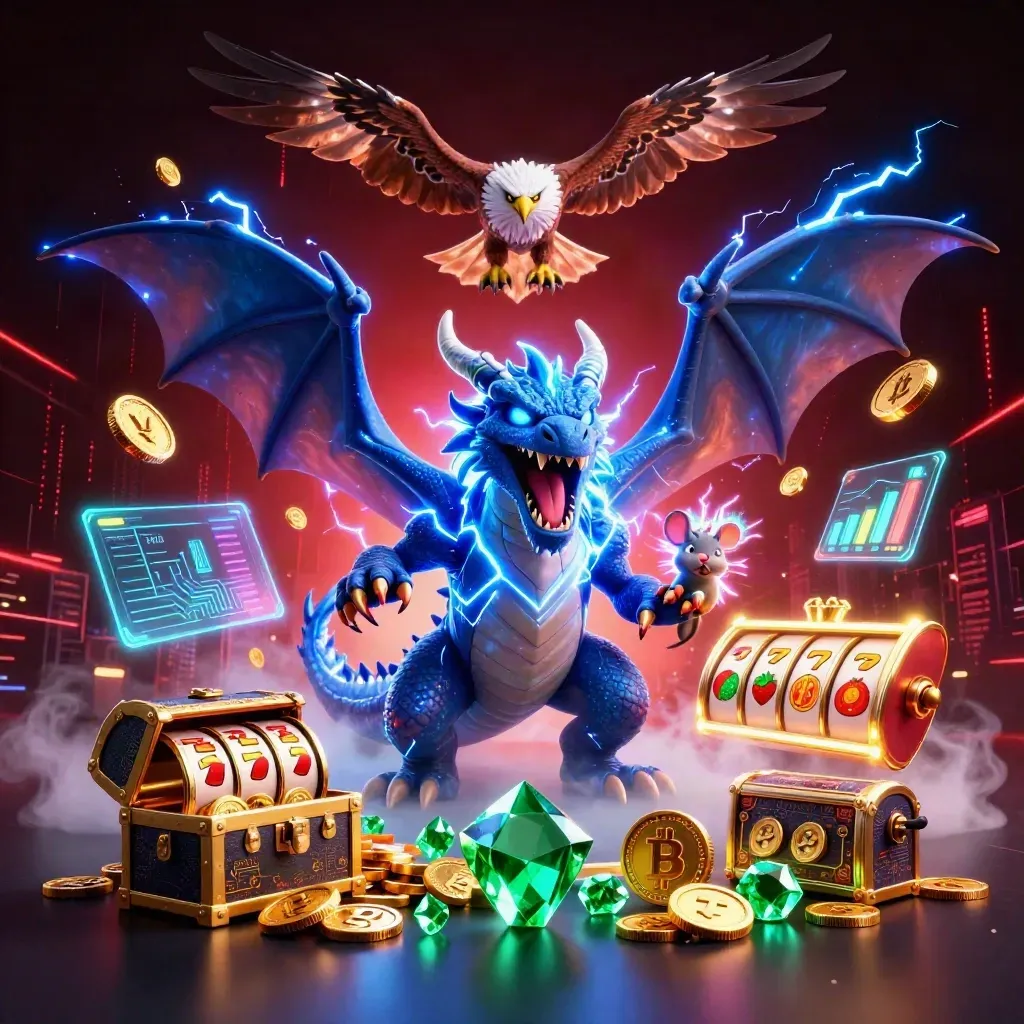 Thunder dragon, wind hawk, and static mouse amid casino coins, lightning, and neon reels.