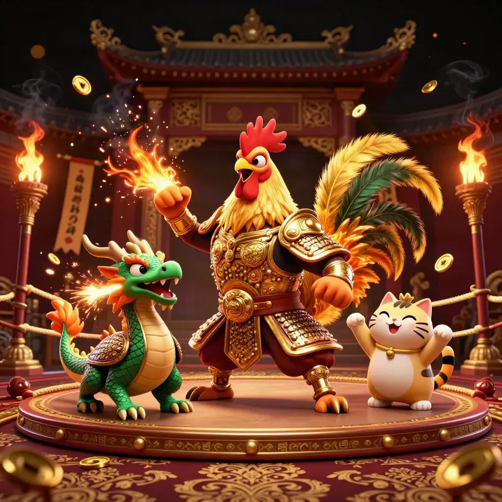 Rooster warrior, spark-breathing hatchling and cheering fortune-cat in a casino-fantasy burst.
