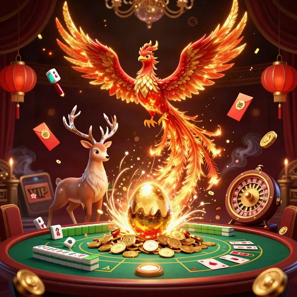 Phoenix, baby phoenix, and crystal stag amid casino coins, fireworks, lanterns, and treasure burst