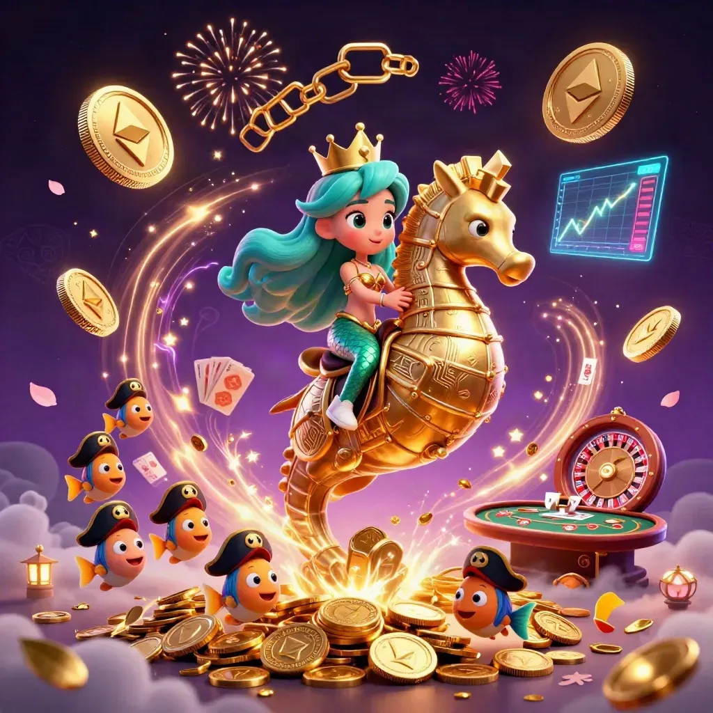 Mermaid princess on a golden seahorse amid casino magic, coins, crypto icons, and fireworks.