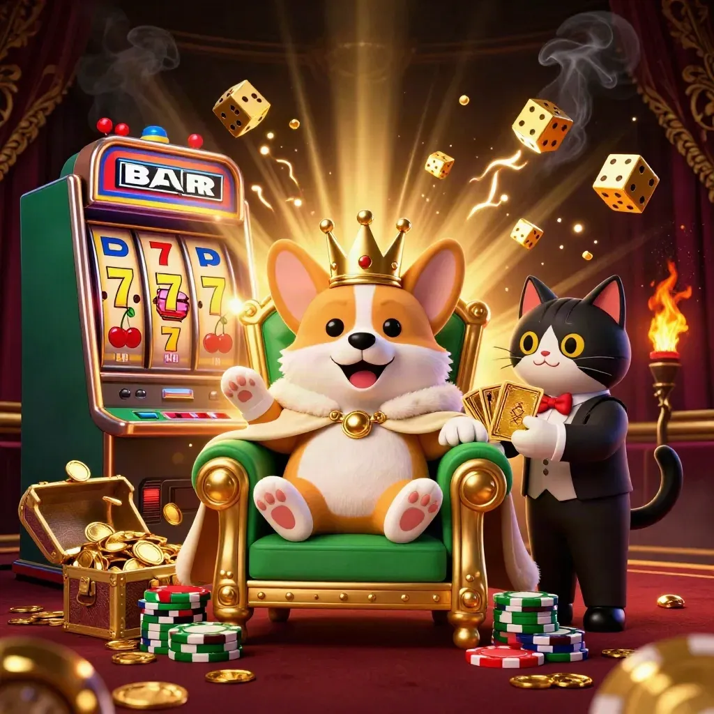 Crowned corgi and cat butler amid exploding slots, chips, gold, dice, and glowing casino effects.