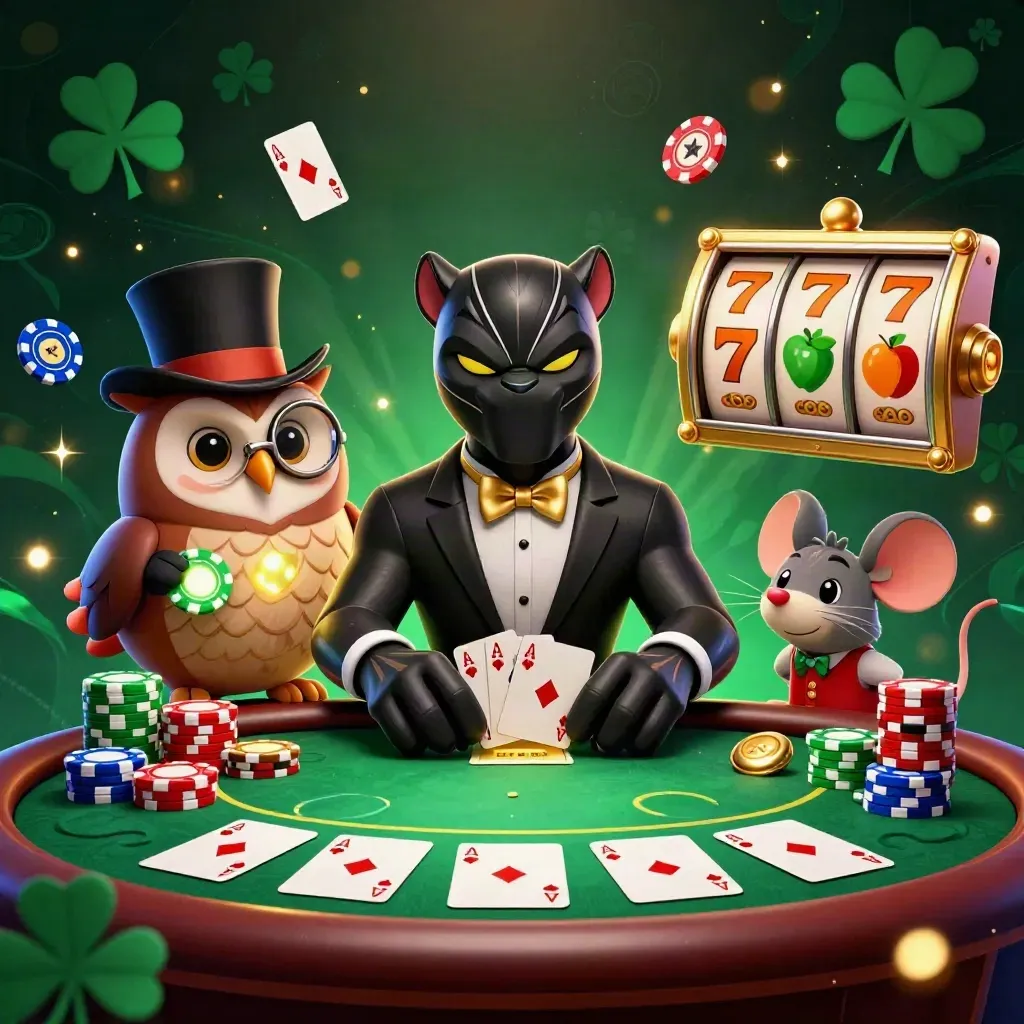 Panther, owl, and mouse deal cards amid chips, aces, reels, and gold casino glow.