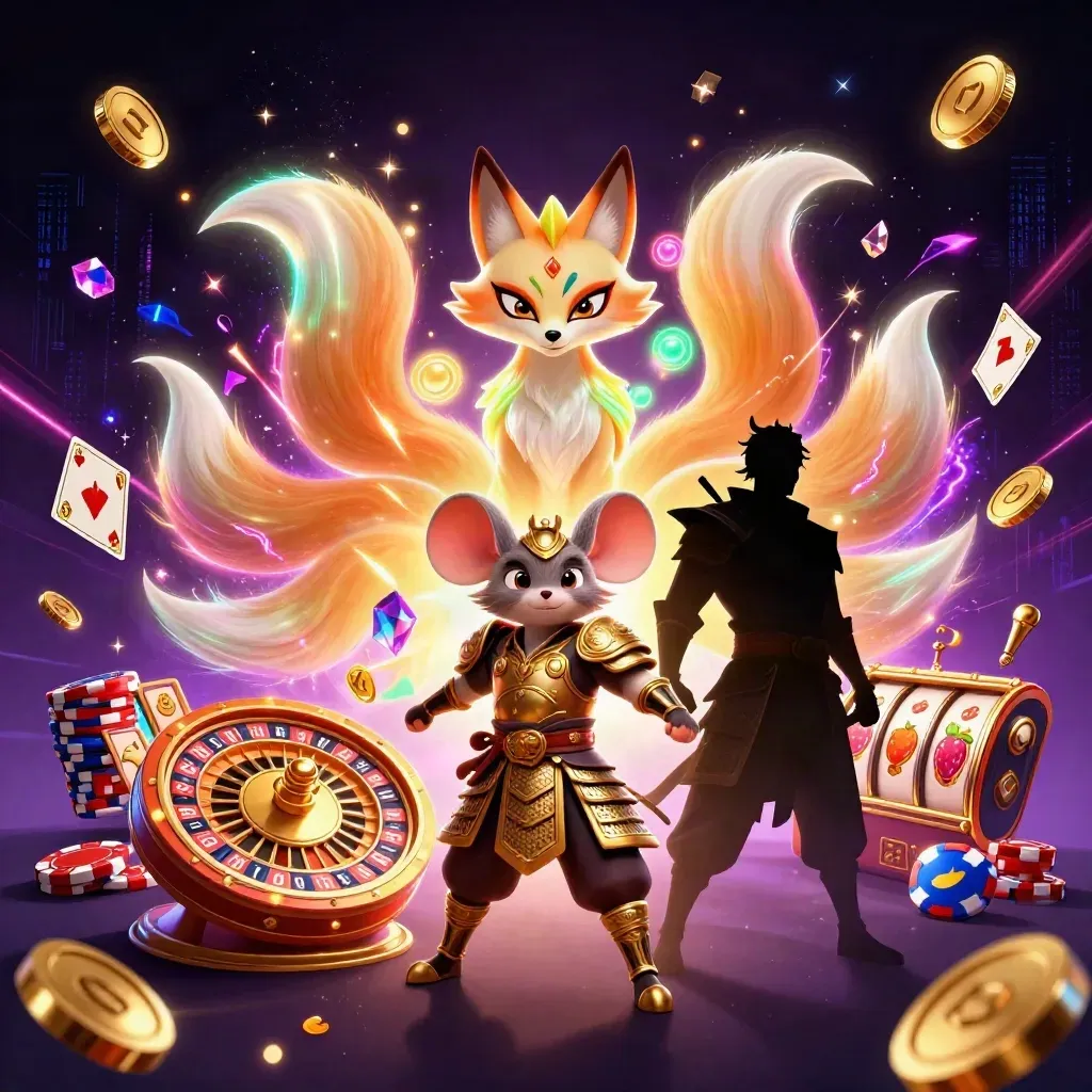 Fox spirit and samurai mouse amid casino coins, cards, chips, reels, and neon magic.