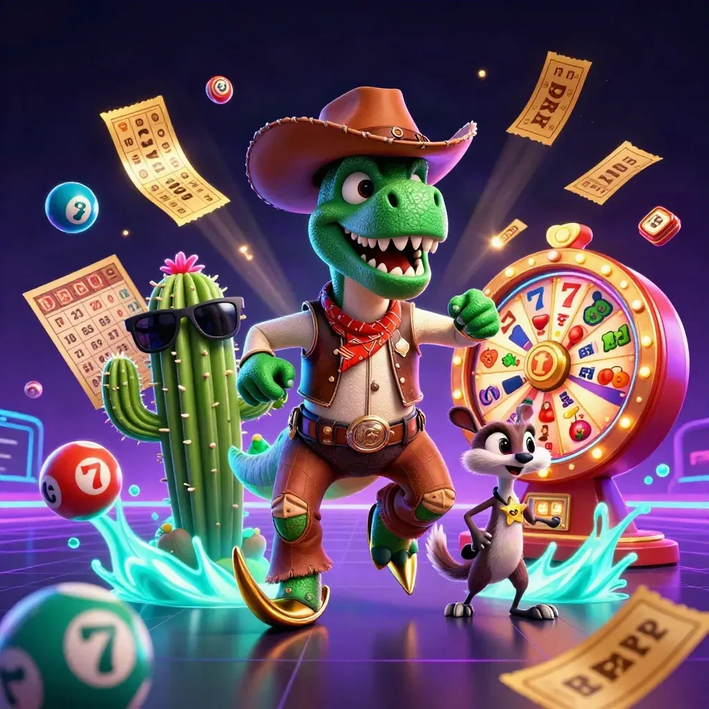 Cowboy T-Rex trio with casino props exploding in neon light on a dark sci-fi backdrop.
