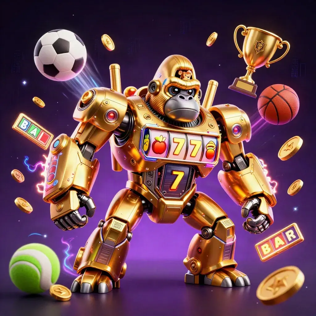 Golden gorilla mech with tiny monkey pilot, slot reels, flying balls, coins, trophy, and neon casino energy