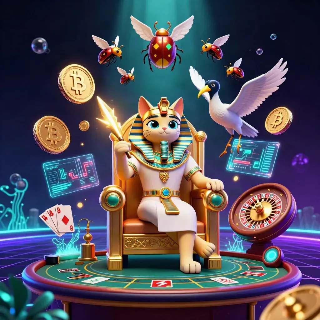 Pharaoh cat, ibis scribe, and gem-wing scarabs amid casino coins and neon glow