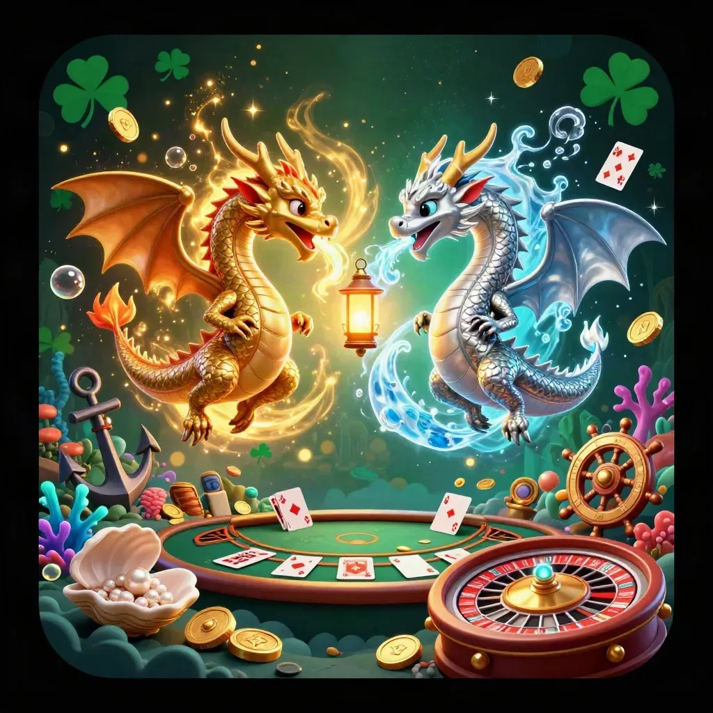Gold and silver dragons spiral around a lantern spirit in a neon casino treasure cove.