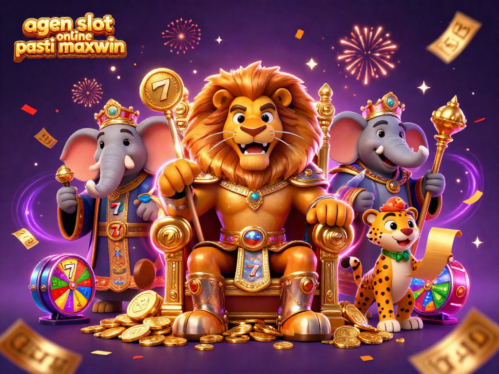 Pemain agen slot online pasti maxwin mendapatkan jackpot dengan simbol slot beruntung dan efek hujan uang di latar belakang